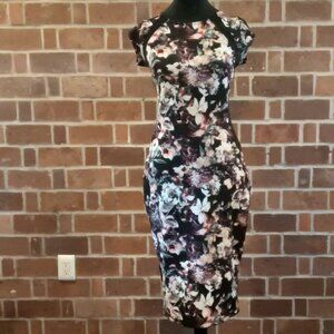 Material Girl Womens Bodycon Black Floral Mesh Back Fitted Midi Cap Sleeve Dress